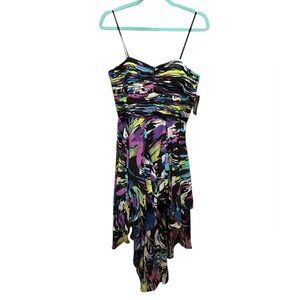 Adrianna Papell Black Multicolor Abstract Asymmetrical Spaghetti Strap Dress